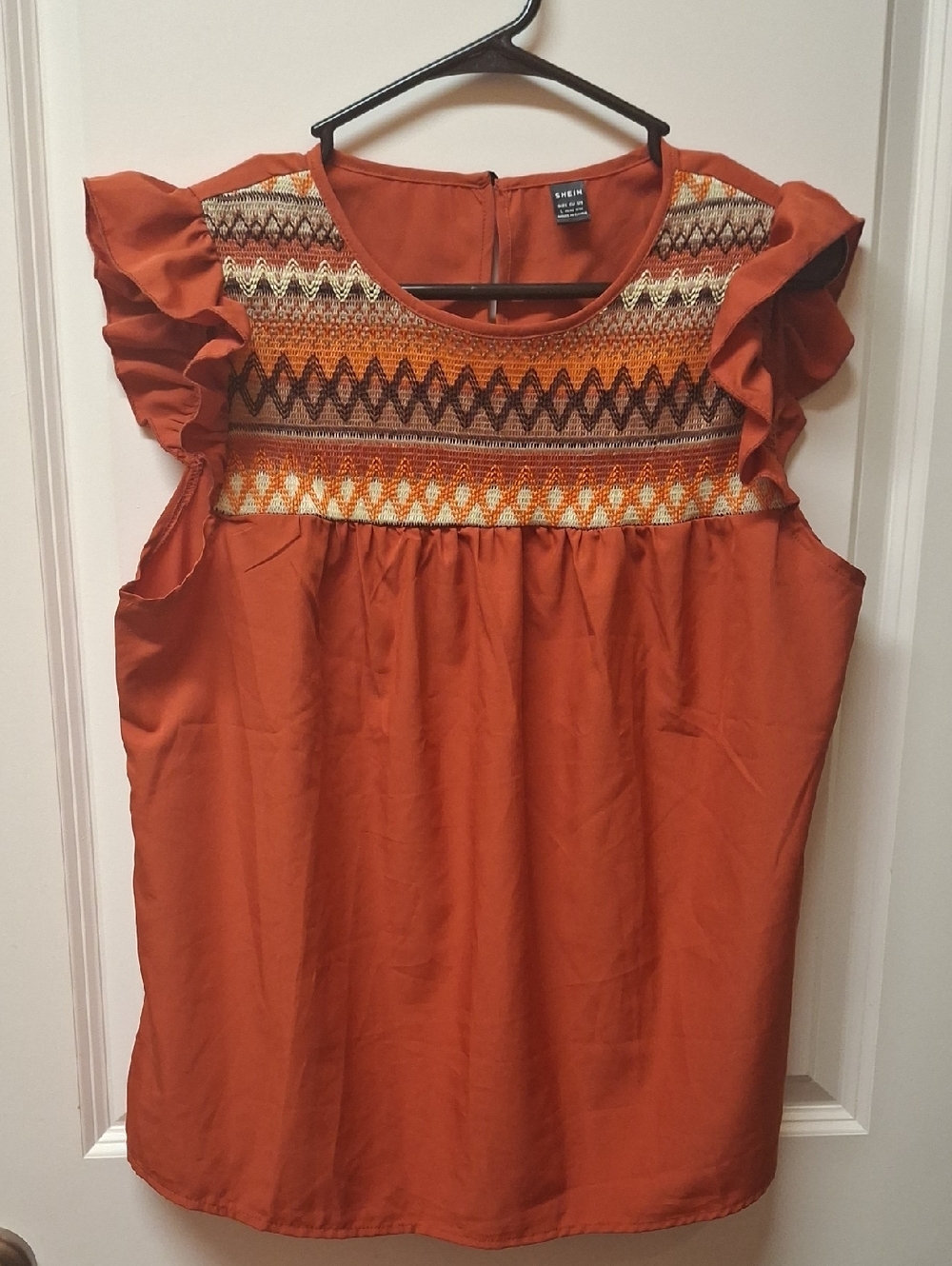 Shein Rust Orange Ruffle Sleeve Embroidered Yoke Top